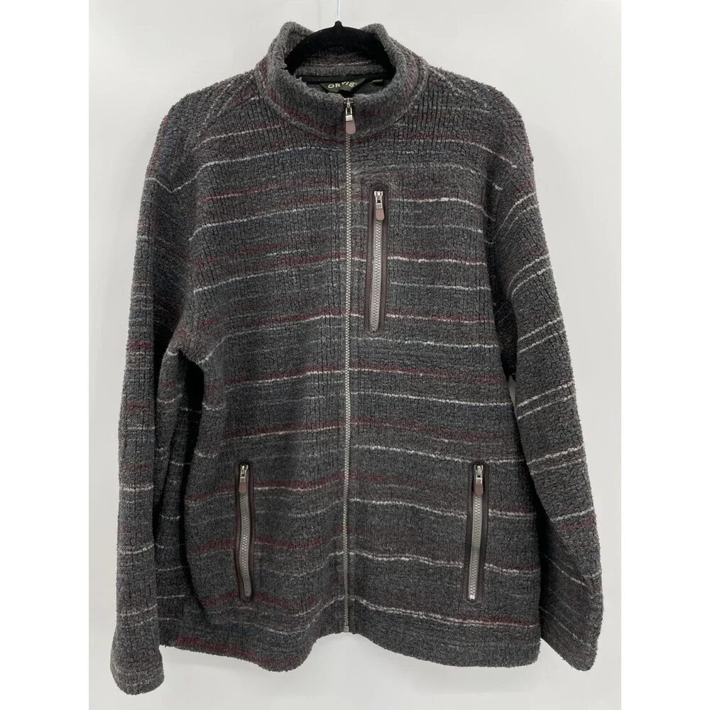 ORVIS Gray Red Stripe Full Zip Fleece Jacket Size M